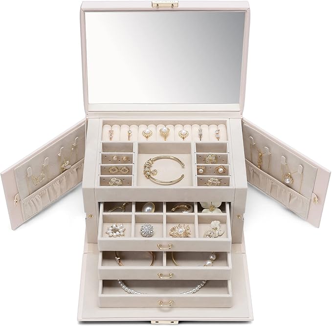 Vlando Lockable Jewelry Box Organizer with Key, 3-Tiered Storage Tray for Necklaces Earrings Rings Bracket Accessories Storage Display, Full HD-Mirror, Pink Beige