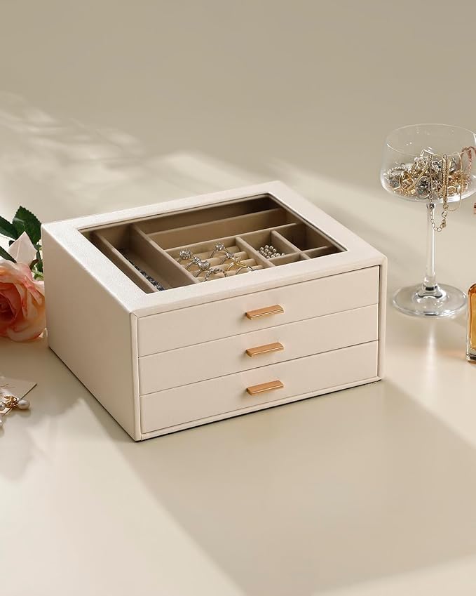 Jewelry Box with Glass Lid,3-Layer Jewelry Boxes for Women,PU Leather Jewelry Organizer with 20-Grid Earring Drawer & Movable Dividers for Necklaces Rings - Cloud White