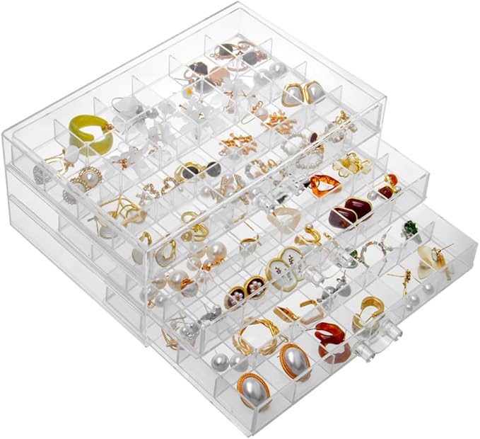 YUFONG Earring Storage Box Organizer 3 Drawers Acrylic Jewelry Storage Box Holder Transparent Jewelry Display Stand with 72 Small Compartments Gift for Women Girls (Clear)