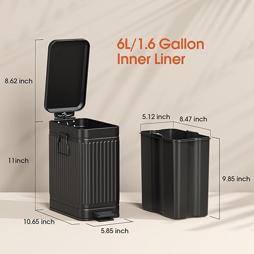 Small Bathroom Trash Can with Lid Soft Close, 6L / 1.6 Gallon Stainless Steel Small Garbage Can with Step Pedal, Slim Waste Basket for Bedroom, Toilet, Office - Black