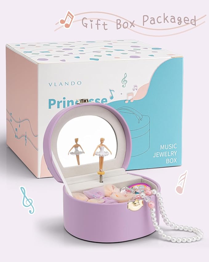 VLANDO Musical Jewelry Box for Girls, Small Kid Music Box with Ballerina for Party Bedroom Decor, Bithday Gift for Girl - Purple