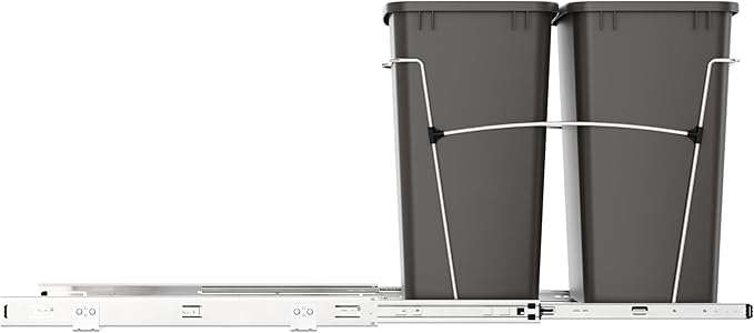 Rev-A-Shelf RV-18KD-13C-S Double Pullout Trash Can for Kitchen Cabinets 35 Quart Garbage Recycling Bin on Full Extension Slides, Gray