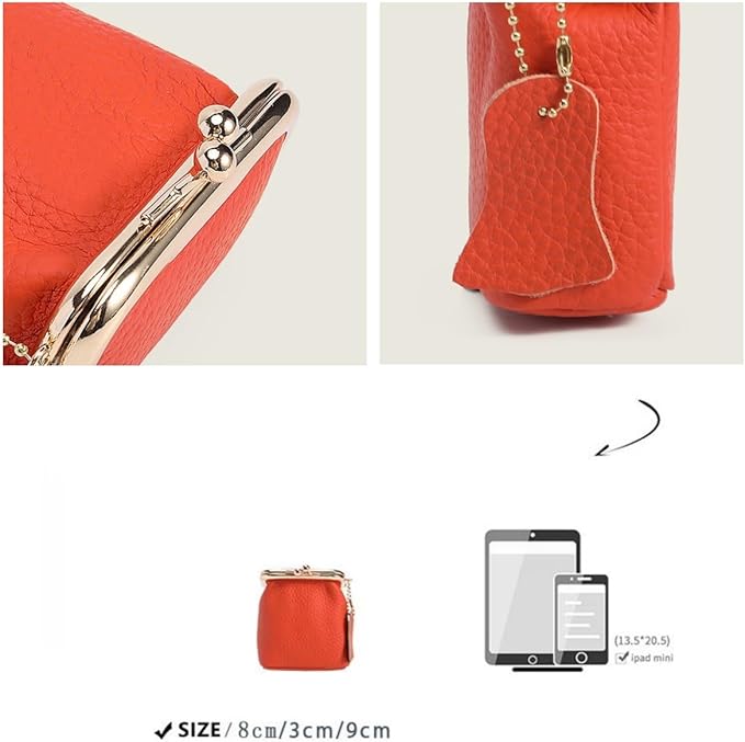 Genuine Leather Mini Jewelry Box & Vintage Wallet for Women - Compact Travel Coin Purse, Lipstick Storage Organizer, Retro Leather Clutch Case (Orange)