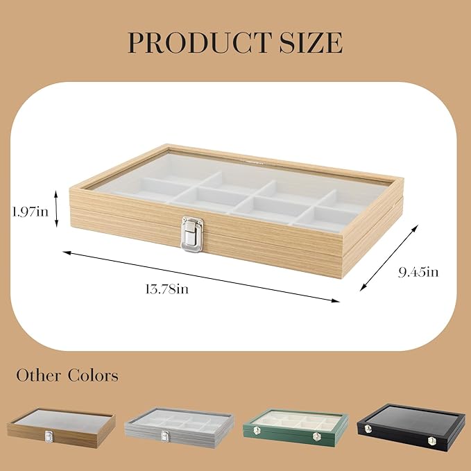 KOOAAICCHI Jewelry Organizer Tray 12 Grid Velvet Jewelry Storage Box with Clear Lid Jewelry Display Case with Lock Bracelet Earring Ring Organizer Showcase Gifts for Girls Women-12 Grid Wooden Beige