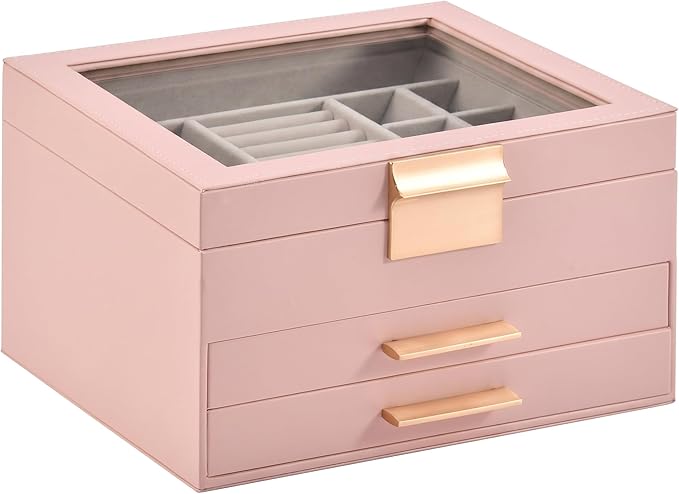 Somduy Jewelry Box Organizer for Women,3 Layers Jewelry Storage Display Box with Glass Lid,Gift for Christmas,3 Drawers,Large Capacity for Necklace Earrings Bracelets Rings,Pink