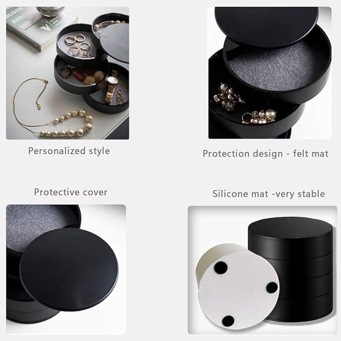 TIMESETL Jewelry Organizer, Small Jewelry Storage Box Earring Holder for Women, 4-Layer Rotating Travel Jewelry Tray Case with Lid for Bracelets Rings Bracelets - Black