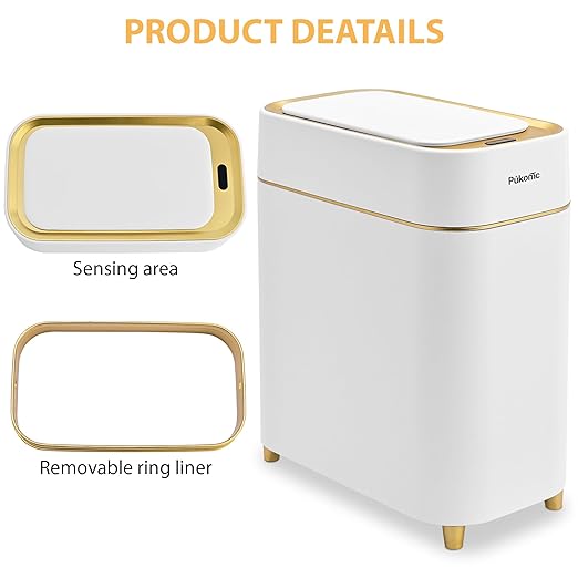 Pukomc Automatic Small Sensor Trash Can with Touchless Lid, 2.3 Gallon / 9L Smart Garbage Can, Quiet Close White Gold Waste Bin - Perfect for Kitchen, Living Room & Small Spaces