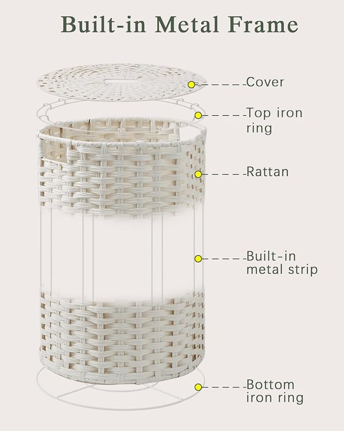 SETVSON Large Laundry Hamper Laundry Basket Round 34.3 Gal (130 L) Handwoven Wicker Laundry Baskets Rattan Laundry Basket with Laundry Bag Handles 2 Mesh Bags for Living Room Bedroom White
