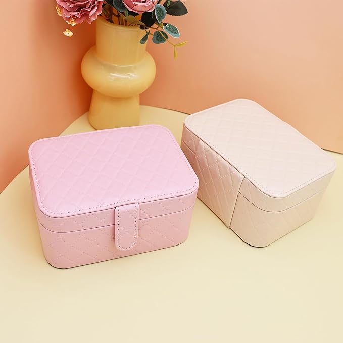 Jewelry Travel Case, 2-Layer Jewelry Box Organizer Medium Jewelry Travel Box, Portable Faux Leather Jewellery Storage Boxes with Argyle for Women, Daily Jewellery Case Home Use (Peach pink)