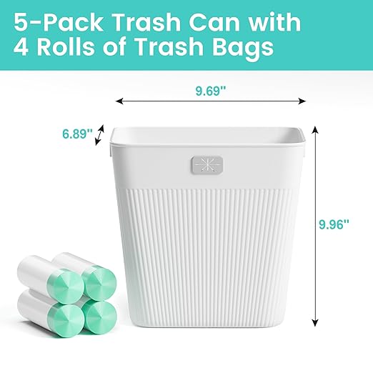 JOYMOOP Slim Trash Can 5-Pack, 2.9 Gallon Plastic Wastebasket for Bathroom, Bedroom, Office, Kitchen with 4 Rolls Bags, White