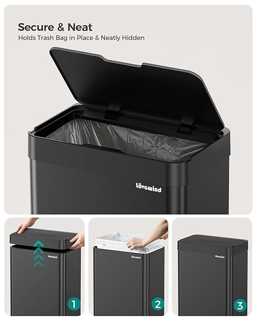 Kitchen Trash Can Touchless, 13 Gallon/50 Liter Stainless Steel Automatic Motion Sensor Trash Can, Type-C Rechargeable Garbage Can with Lid, Silent Close, Touchless Trash Bin for Home Kitchen, Black