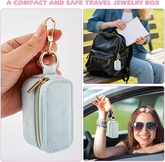 Velvet Mini Travel Jewelry Case, 2 in 1 Ring Holder Keychain + 50 Plastic Earrings, Portable Small Jewelry Organizer for Women, Travel/Gym/Wedding/Bridesmaid Gift