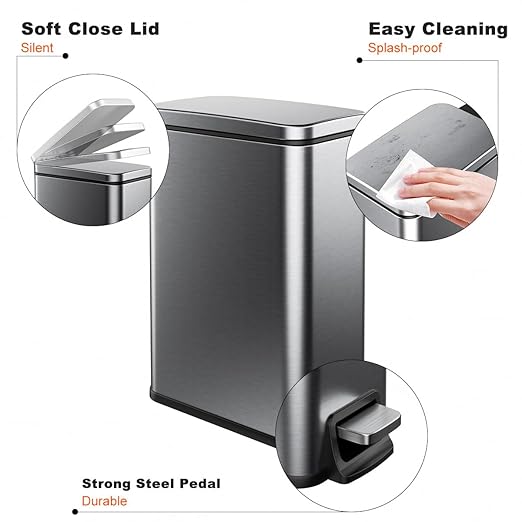 Slim Bathroom Trash Can with Lid Soft Close, 1.6 Gallon Stainless Steel Garbage Can with Removable Inner Bucket, Durable Step Pedal, Small Trash Bins for Toilet, Bedroom, Kitchen, Office