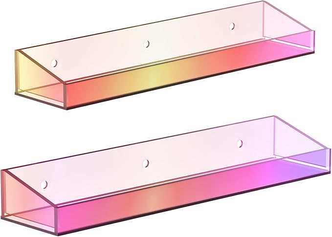 Bakzon 2 Pack Acrylic Shelves for Wall Storage, 15" Floating Shelves, Kids Bookshelf, Nail Polish Holder, Perfume Display Shelf Organizer for Bathroom, Bedroom, Living Room, Iridescent
