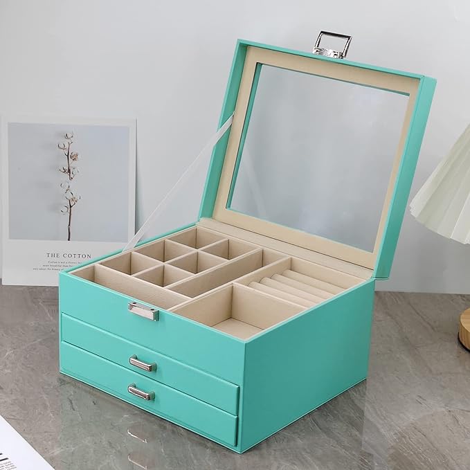 BOOVO Clear Lid Jewelry Box,3 Layers Jewelry Organizer Large Multi-Functional Jewelry Storage Box with 2 Drawers,Jewelry Display Case of Rings Earrings Necklace Bracelets for Women Girls (Turquoise)