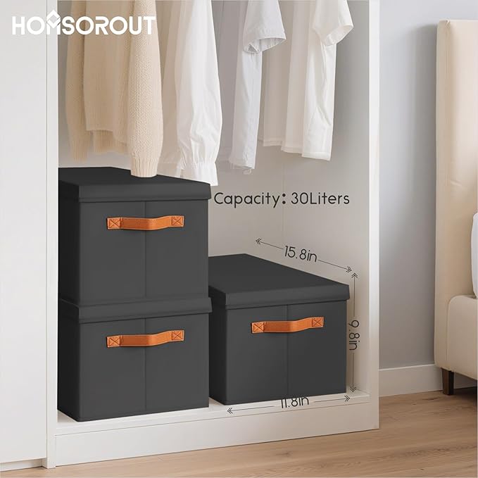 Homsorout Storage Bins with Lids - Large Fabric Closet Bins with Lid, 6 Pack Clothes Organizers and Storage, Collapsible Stackable Cube Basket for Home, Office, Dorm, Black