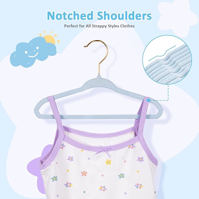 Tonswachic Baby Hangers 50 Pack - 11 Inch Premium Velvet Non Slip Kids Hanger for Infant & Toddler Clothes - 0.2" Ultra Thin Baby Closet Hangers with 10 Hanger Clips - Blue