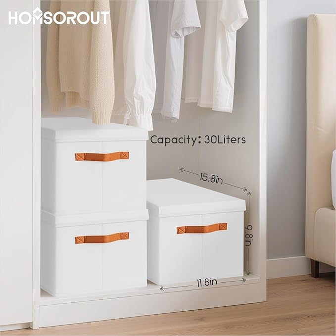 Homsorout Storage Bins with Lids - Large Fabric Closet Bins with Lid, 6 Pack Clothes Organizers and Storage, Collapsible Stackable Cube Basket for Home, Office, Dorm, White