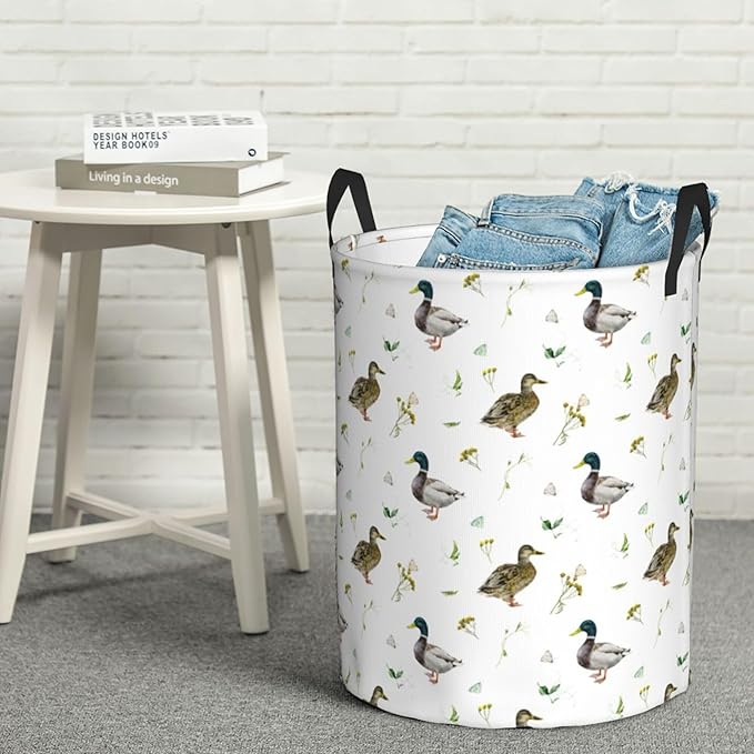 Laundry Basket Cute Mallard Duck Room Decor,Round Laundry Hamper Waterproof Dirty Clothes Hamper Collapsible Laundry Baskets With Handles,Toy/Clothes Storage Basket For Home Dorm Bathroom Decor