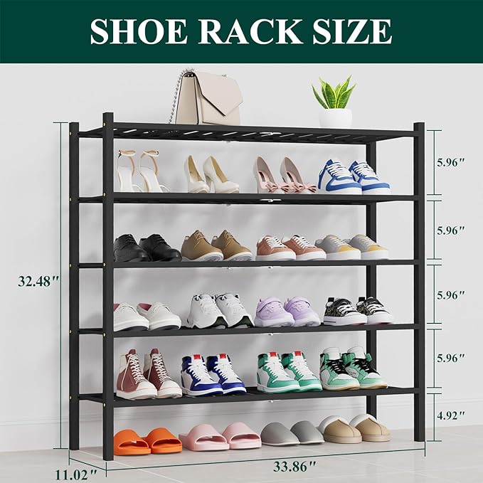Smiry Shoe Rack, 5 Tier Thick Long Bamboo Shoe Organizer, Stackable Free Standing Wooden Shoe Storage Shelf for Closet, Entryway, Front Door Entrance, Black