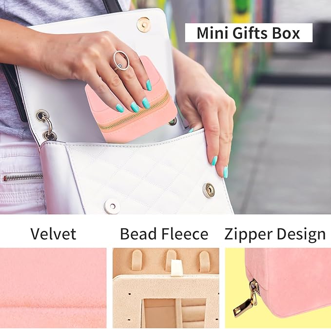 Smileshe Travel Velvet Jewelry Box with Mirror, Mini Gifts Case for Women Girls, Small Portable Organizer Boxes for Rings Earrings Necklaces Bracelets