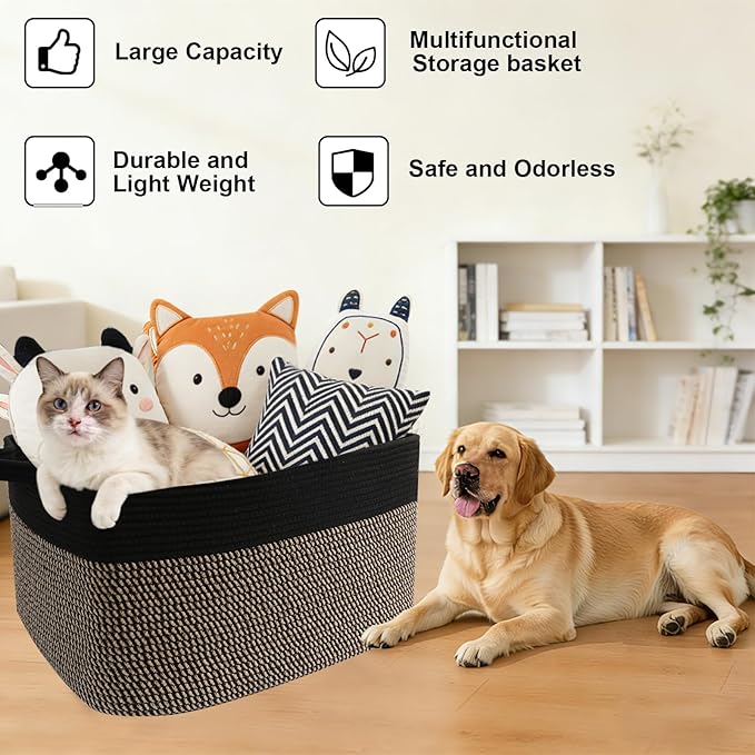 96L Large Blanket Basket,24"x16"x15"Rectangle Storage Bin with Handles,Woven Rope Laundry Basket for Toys, Clothes,Magazines,Home Organization,Nursery,Living Room & Bedroom,Black&Jute