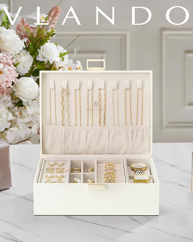 Vlando Jewelry Organizer,2 Layer Jewelry Box Large Jewelry Organizer for Women Removable Jewelery Tray with Watch Pillow for Necklace Earrings Rings Bracelets(Cream White)