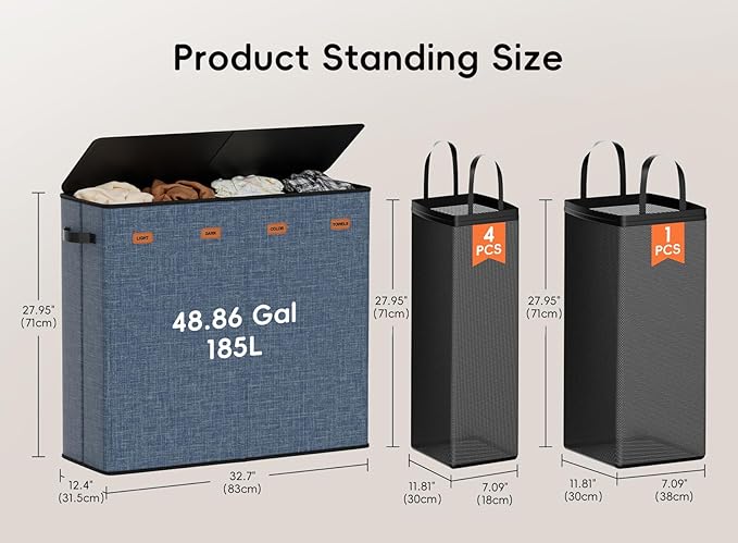 Laundry Hamper 4-Section with Lid, 185L Laundry Sorter with 4 Removable Bags + 1 Extra Large Bag, Switchable 3/4 Compartment, Laundry Basket Organizer for Bedroom, Laundry Room,Navy Bule