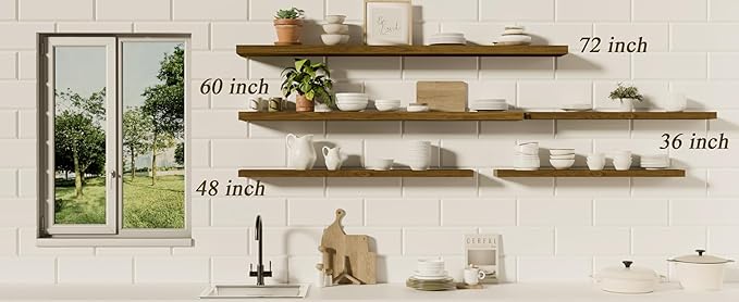 ROGMARS 72 Inches Long Walnut Floating Shelves,Rustic Solid Wood Farmhouse Wall Shelves with Invisible Brackets for Bathroom, Living Room, Bedroom, Kitchen Set of 3