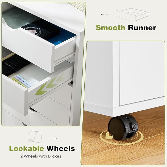 7 Drawer Mobile File Cabinet Under Desk Storage Organization with Wheels Vertical Filing Chest Rolling Wood Small Desk Printer Stand for Home Office, White