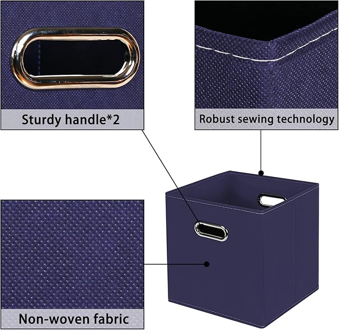 Navy Blue Fabric Storage Bins, 11x11x11, Set of 6, Foldable Cube Bins for Cloth or Accessory Storage