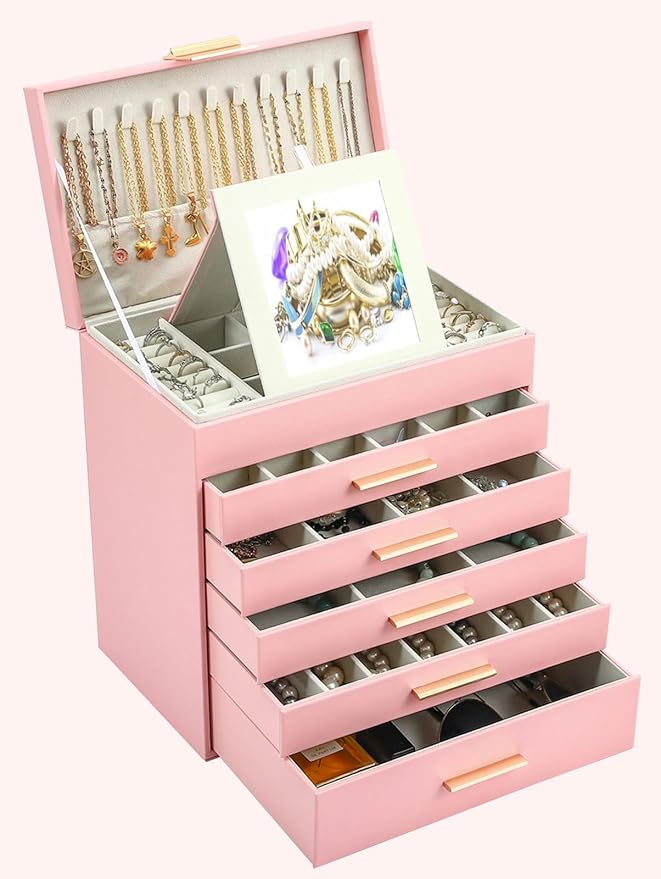 BOOVO Jewelry Boxes for Women, White and Black 6 Layer Large Jewelry Box for Necklace, Bracelet, Earrings, Rings Storage, Jewelry holder Organizer for Girls Gift (Pink, 6 layer)
