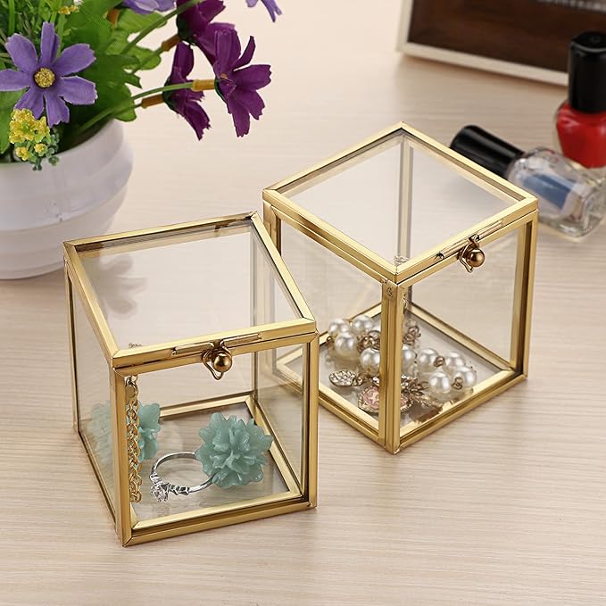 Hipiwe 2 Packs Vintage Glass Jewelry Organizer Box - Small Golden Metal Keepsake Box Desktop Jewelry Organizer Holder, Wedding Birthday Gift, Square Vanity Decorative Box for Dresser Bathroom