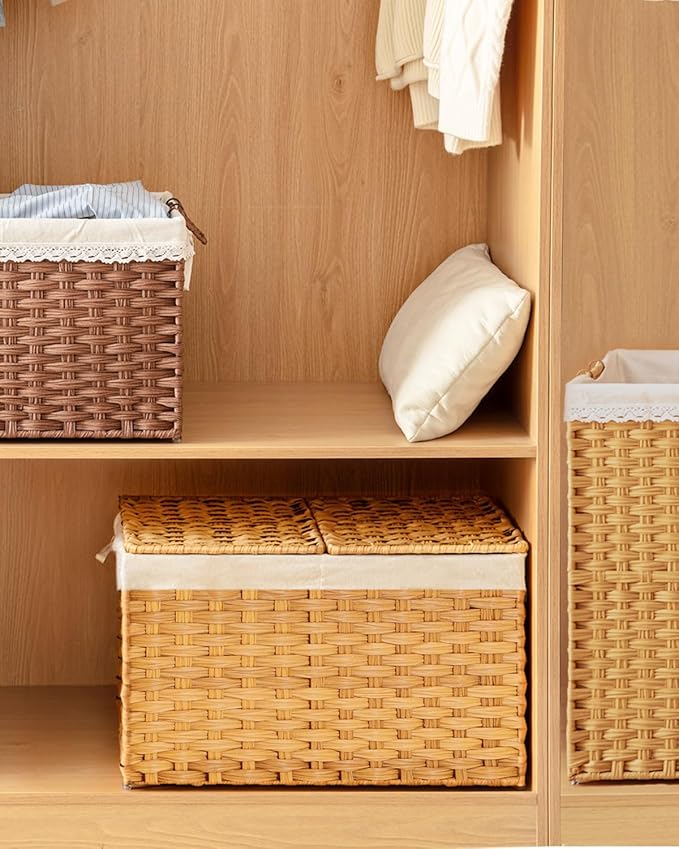 SETVSON Storage Basket with Lid Rattan Storage Basket with 2 Separate Lid, 27.8 Gallon (105 L) 25.2 * 15.4 * 16.1 Inches Woven Wicker Baskets with 2 Liners and Handles for Bedroom Laundry-Natural