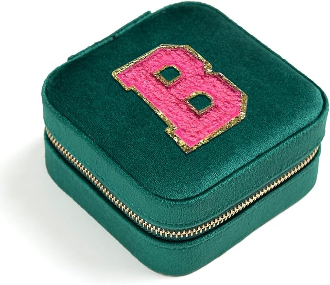 Personalized Velvet Travel Jewelry Case Box For Women Ring Necklace Earring Holder Organizer with Mirror Green Girls Box Birthday Gifts Mom Initial B
