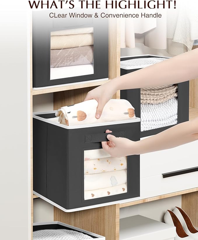 Homsorout Foldable Storage Cubes - Cubby Storage Organizer with Window, Decorative Baskets for Organizing, 11 Inch Fabric Cube Shelf Bins, Set of 10, Black