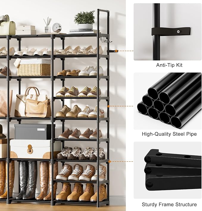 WOWLIVE 4 Row 9 Tiers Extra Large Shoe Rack 68-72 Pairs Big Tall Metal Shoe Shelf, Heavy Duty Organizer for Closet Entryway, Boot Rack Storage Stackable Stand for Garage Black