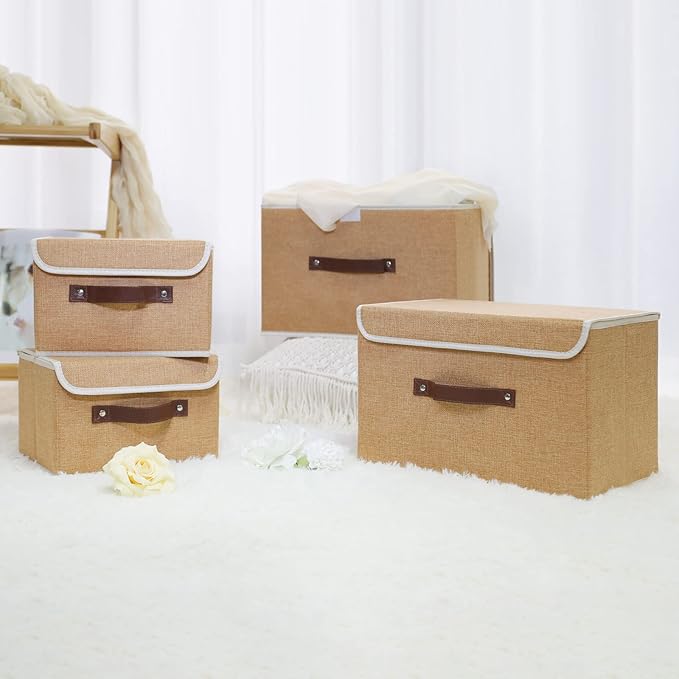 ANMINY Storage Bin with Lid Storage Boxes with PU Leather Handles PP Plastic Board Decorative Foldable Lidded Cotton Linen Fabric Home Cubes Baskets Closet Organizer Container - Khaki, Small Size