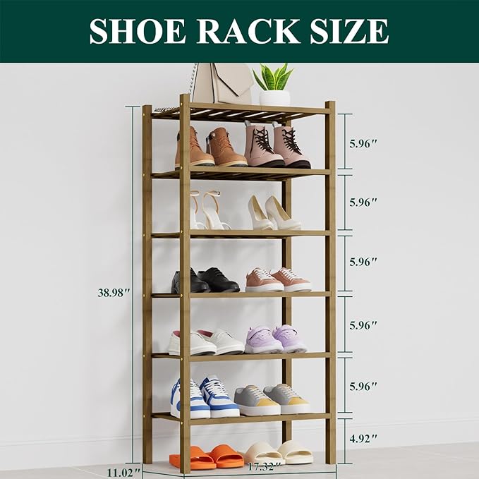 Smiry Shoe Rack, 6 Tier Thick Small Bamboo Shoe Organizer, Stackable Free Standing Wooden Shoe Storage Shelf for Closet, Entryway, Front Door Entrance, Walnut