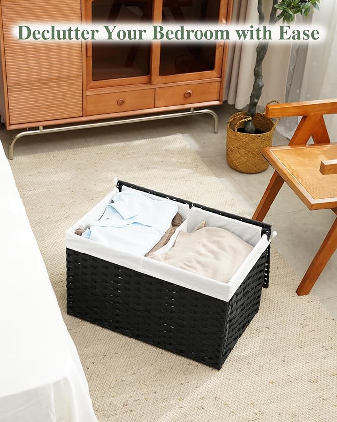 SETVSON Storage Basket with Lid Rattan Storage Basket with 2 Separate Lid, 27.8 Gallon (105 L) 25.2 * 15.4 * 16.1 Inches Woven Wicker Baskets with 2 Liners and Handles for Bedroom Laundry Black