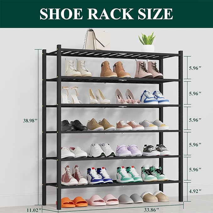 Smiry Shoe Rack, 6 Tier Thick Long Bamboo Shoe Organizer, Stackable Free Standing Wooden Shoe Storage Shelf for Closet, Entryway, Front Door Entrance, Black