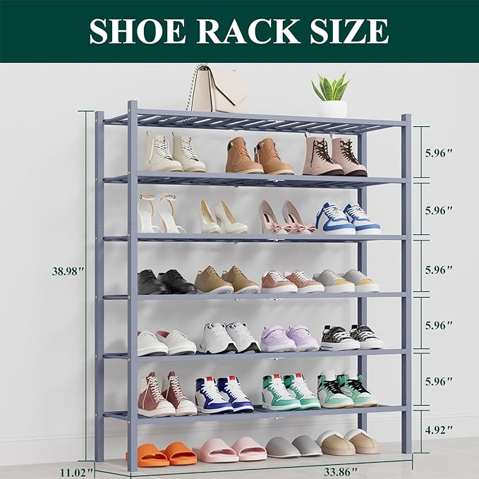 Smiry Shoe Rack, 6 Tier Thick Long Bamboo Shoe Organizer, Stackable Free Standing Wooden Shoe Storage Shelf for Closet, Entryway, Front Door Entrance, Grey