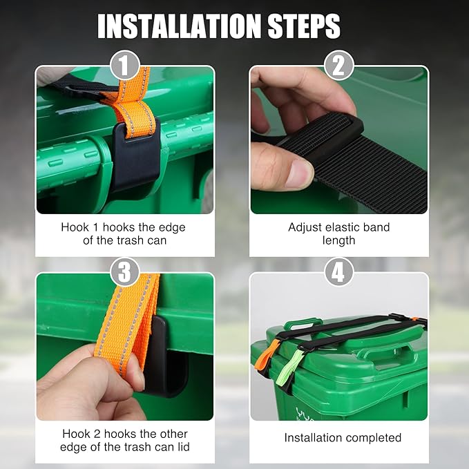 Trash Can Locks for Animals, 2 Pack Adjustable Garbage Can Locks with Reflective Strips, Trash Bin Locks for Animals, Raccoon and Animal Proof, Prevent Odor from Spreading, Fits Multiple Sizes Cans