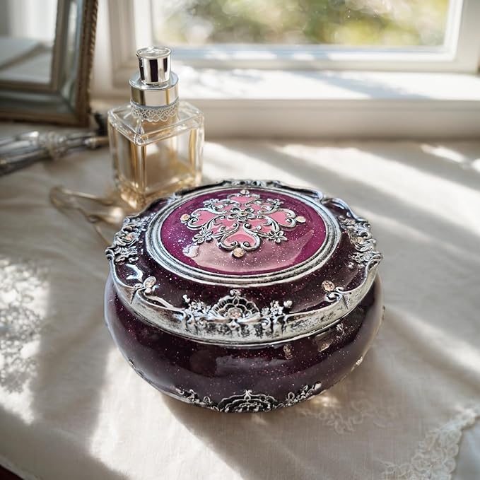 Handcrafted Round Jewelry Box - Vintage Rose Treasure Box with Carved Floral Lid, Elegant Organizer for Rings, Earrings, Necklaces and Bracelets, Romantic Gift for Wedding and Anniversary