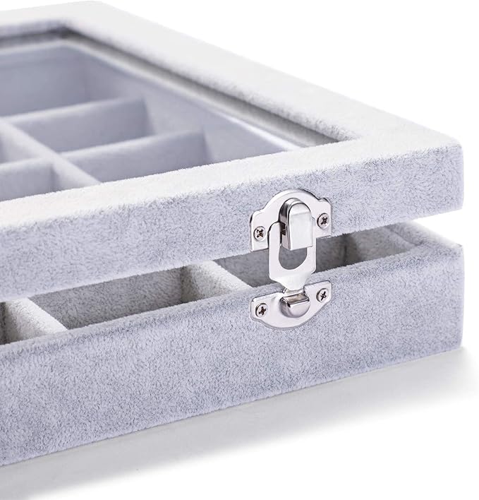 Jewelry Organizer Tray with Clear Lid 30 Grid Velvet Drawer Insert Jewelry Storage box with Glass lid Display Case Store Showcase Holder with Lock Gifts for Women