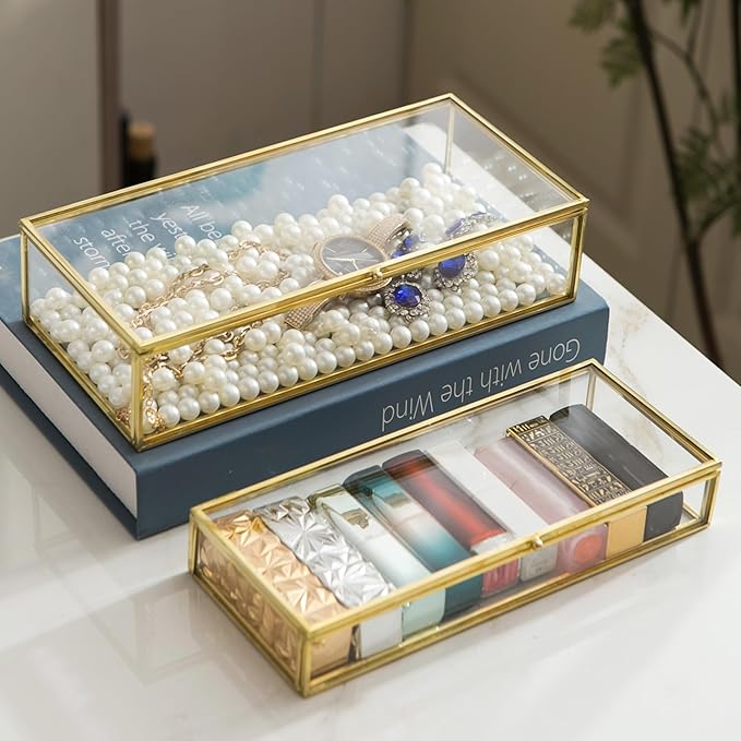 Glass Vintage Jewelry Box Set, 2pcs Rectangle Jewelry Display Lipstick Organizer Box Vanity Lidded Box Home Decor Accent Decorative Box for Storage Trinket Rings Bracelet