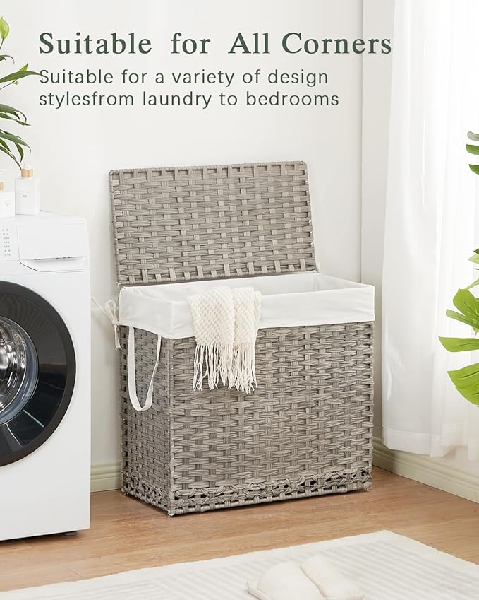 SETVSON Laundry Hamper with Lid Laundry Basket 132 L (35 Gal) Wicker Clothes Hamper, Handwoven Rattan Hamper with Handles and 4 Removable Liner Bags, 6 Mesh Bags for Laundry Bedroom Gray