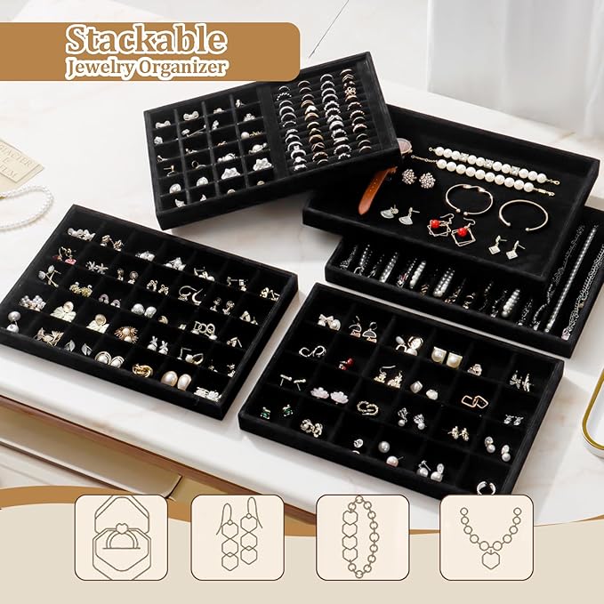 Large Velvet Jewelry Tray 2 Pack Stackable Jewelry Display Drawer Inserts Trays Organizer for Earring Bracelet Necklace Ring (Black, 20 Hooks)