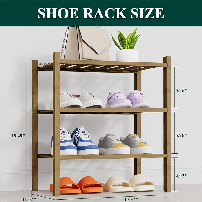Smiry Shoe Rack, 3 Tier Thick Small Bamboo Shoe Organizer, Stackable Free Standing Wooden Shoe Storage Shelf for Closet, Entryway, Front Door Entrance, Walnut