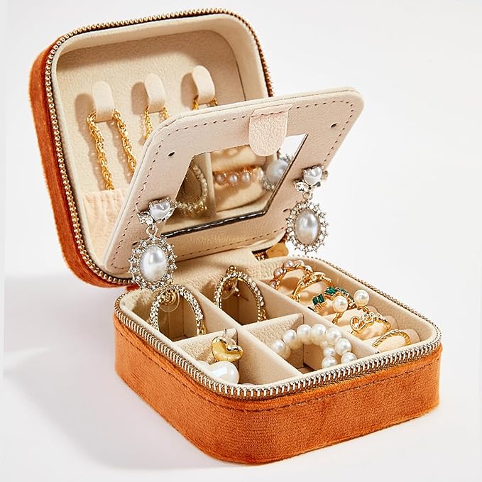 Smileshe Travel Velvet Jewelry Box with Mirror, Mini Gifts Case for Women Girls, Small Portable Organizer Boxes for Rings Earrings Necklaces Bracelets
